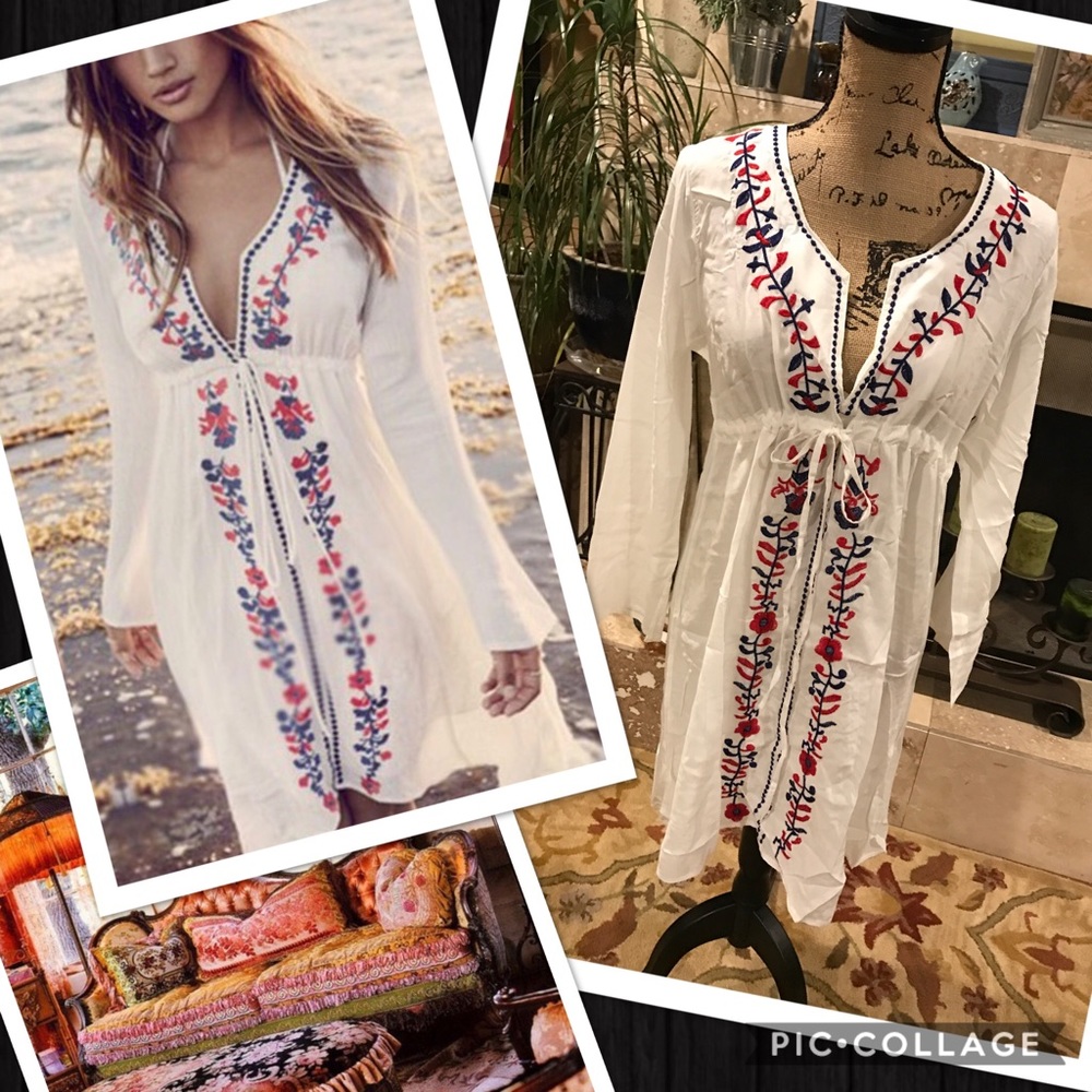 Boho gauzy embroidered cover up dress OS